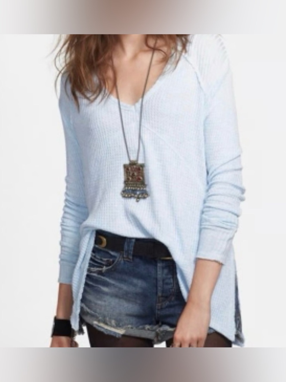 Free People waffle knit thermal top light blue S